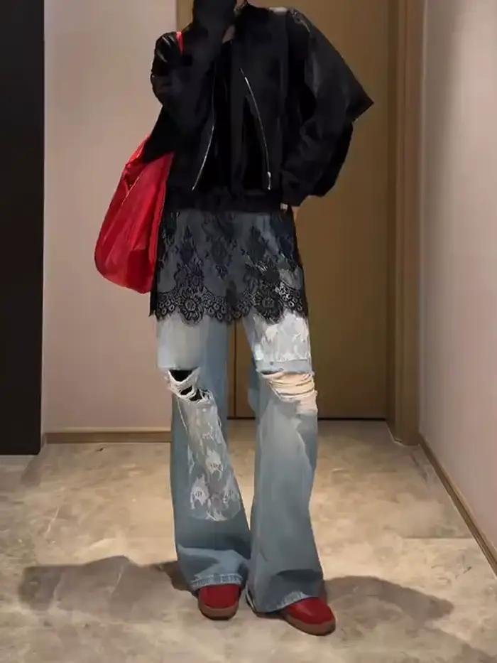 Nicemix été américain ample décontracté dentelle Patchwork déchiré jean pour femmes épicé fille rétro lavé taille haute jambe large pantalon
