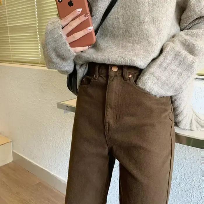 Jean en denim droit marron pour femme