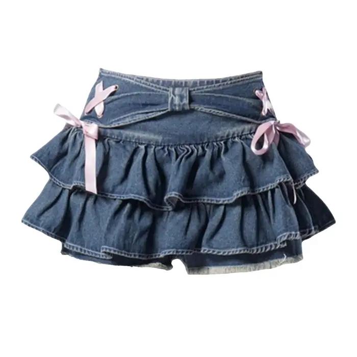 Femmes Y2k Denim Mini Jupe Doux À Volants Kawaii Arc Coquette