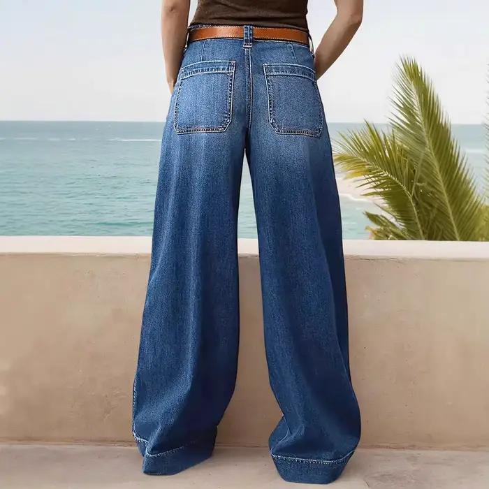 Nouveau Jean femme à la mode pantalon droit ample dames Stretch Baggy