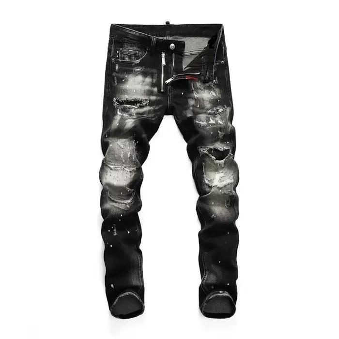 Haute qualité rue mode hommes jean rétro bleu élastique coupe ajustée déchiré
