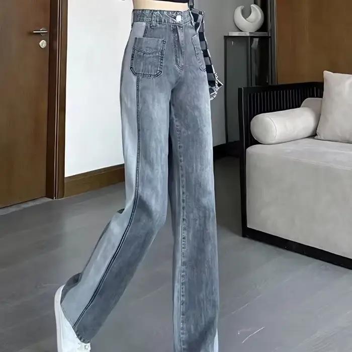 Pantalon en coton denim élastique gris pour femme, style années 90, poches boutonnées, ajustement lâche, pour toutes les saisons