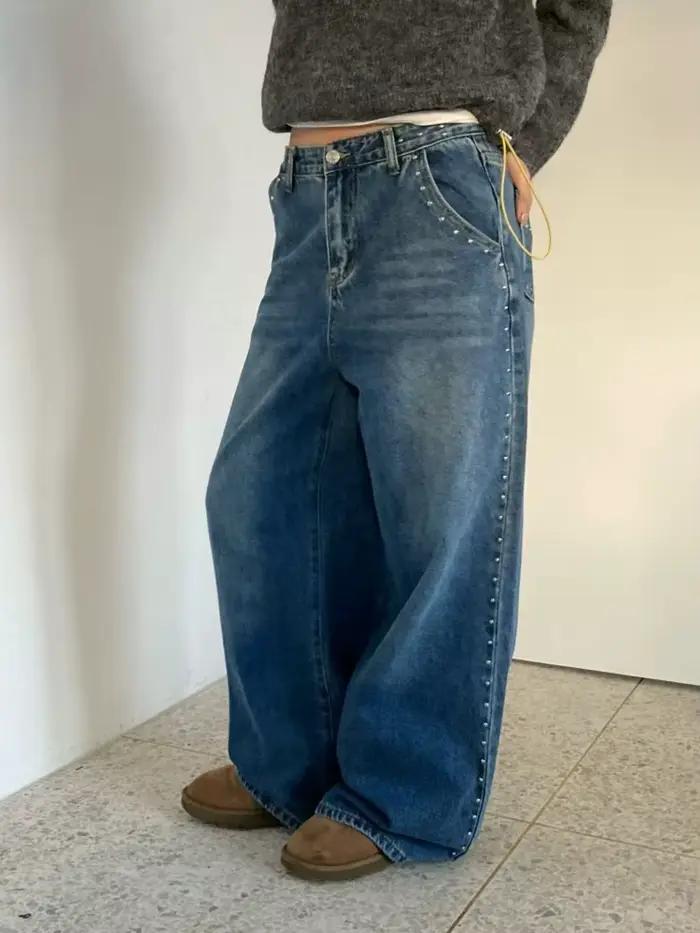 2025 américain rétro Y2K mode Rivet Design Baggy nouveaux pantalons en jean pour femmes vêtements jambe large coréen décontracté dame Denim pantalon