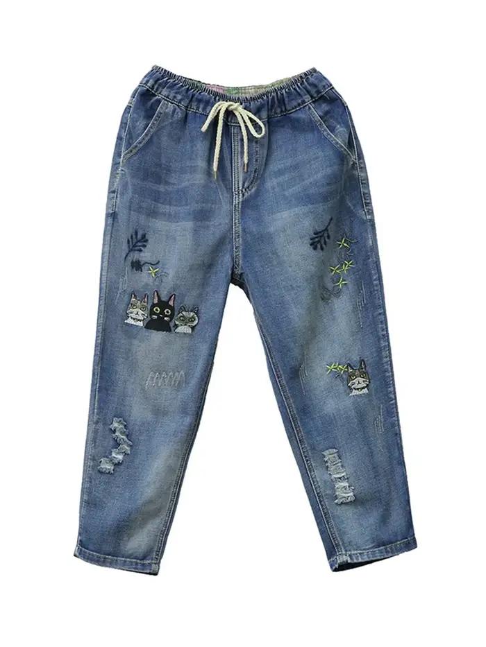 Amax luluE 2025 mode été Streetwear Denim pantalon dames Vintage élastique jean femmes décontracté ample broderie sarouel