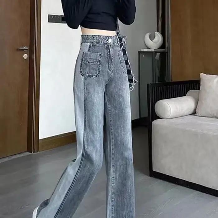 Pantalon en coton denim élastique gris pour femme, style années 90, poches boutonnées, ajustement lâche, pour toutes les saisons