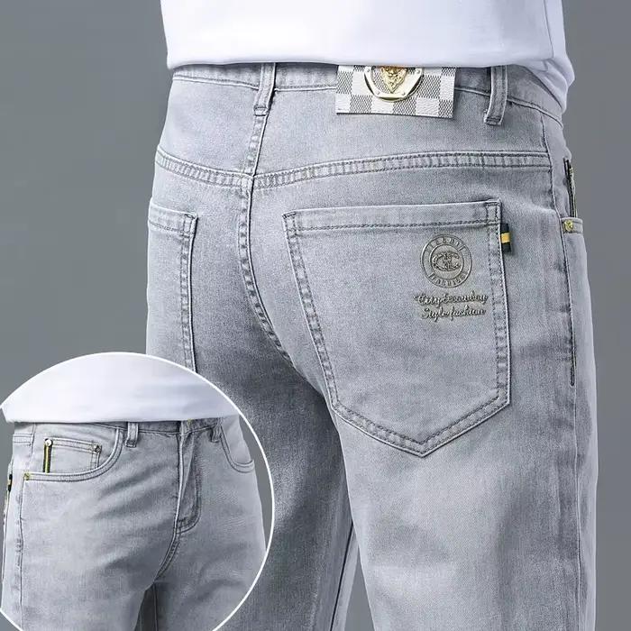 Jean Slim Taille Haute Coupe Droite Style Élégant Denim Gris Clair Occasionnels Printemps Automne Homme