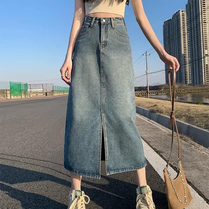 Jupe en jean fendue taille haute pour femmes