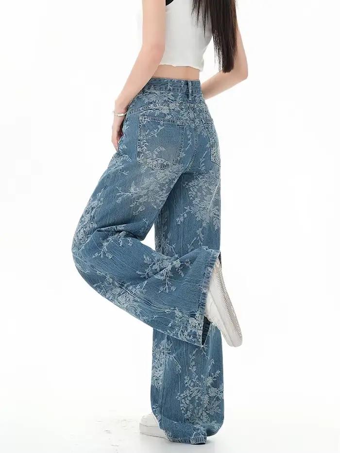 Jean imprimé à la mode, pantalon de nettoyage en Denim à fleurs rétro, style coréen, ample, Hip Hop, jambes larges, polyester, coupe ample, ajustement lâche, braguette zippée, été 2024