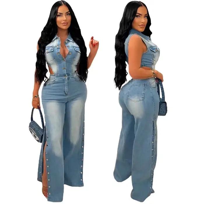 Combinaisons en denim pour femmes, une pièce, col rabattu, salopette, gaine, sexy, droite, longue, pantalon, barboteuses, coupe couvertes, polyester, drap fin, décontracté, automne hiver