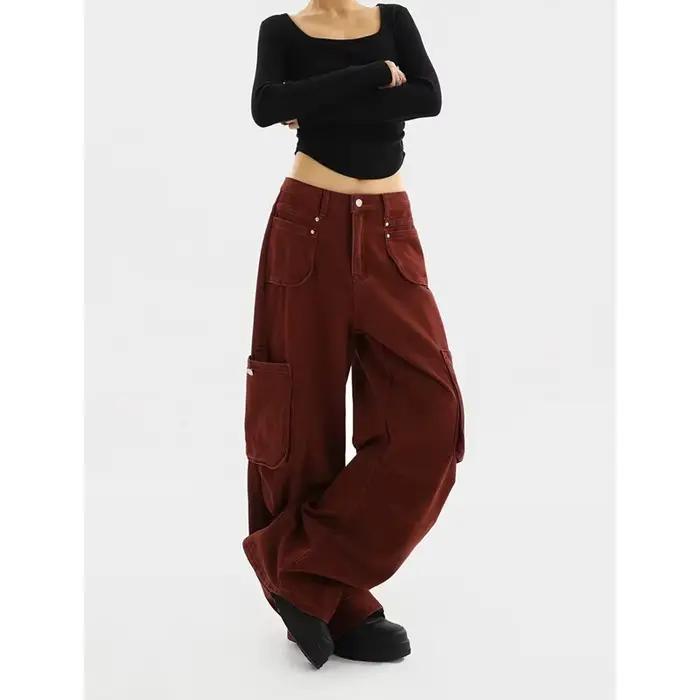 Jean rouge taille haute pour femme pantalon cargo jambe large streetwear vintage mode hip-hop baggy Y2K occasionnels spéciaux