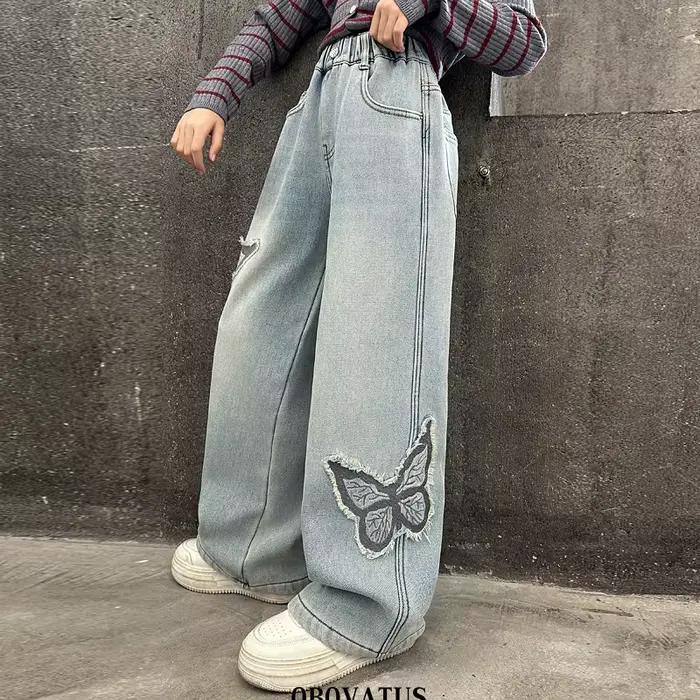Jean Vintage Bleu avec Applique de Papillons pour Fille