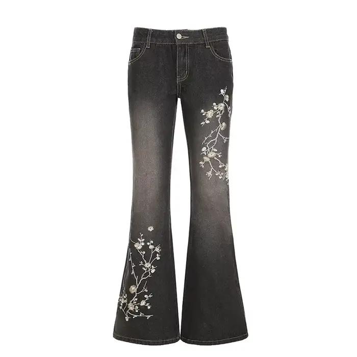Jean Harajuku vintage évasé brodé de fleurs pour femmes style rétro y2k occassions spéciales