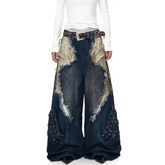 Pantalon baggy en denim coton-polyester style américain rétro pour femmes occasions toute l'année rock vintage