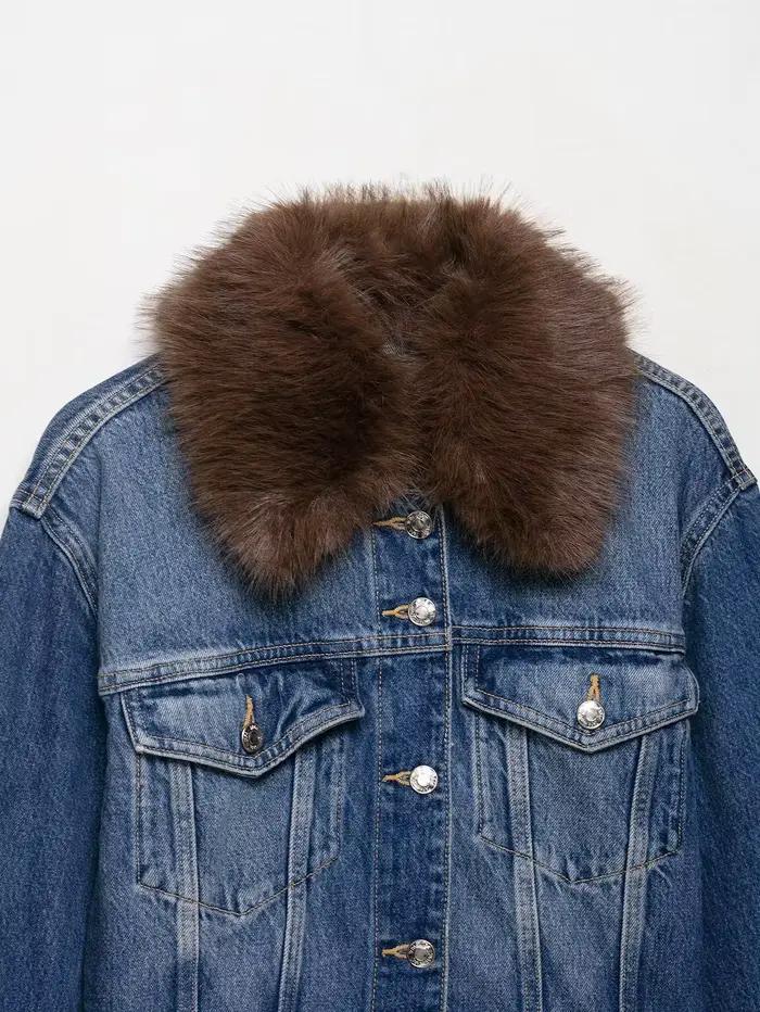 HH femmes hiver nouvelle mode Vintage rabat court effet fausse fourrure Denim manteau femme tempérament chaud simple boutonnage veste décontractée