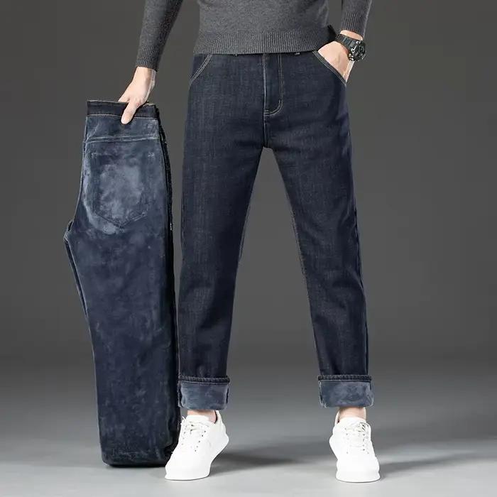 Hiver chaud polaire jean hommes épais thermique décontracté droit Denim pantalon mâle travail d'affaires Stretch