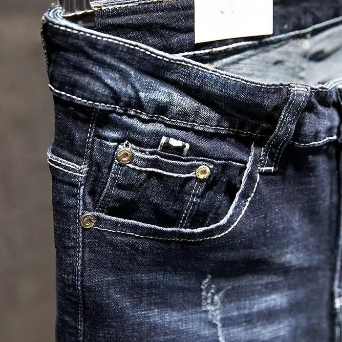 Jeans droits élastiques Tsingyi en denim coton déchiré, coupe slim, style coréen, mode bleu noir, vêtements pour hommes pour tous les jours, travail, match, maison, école, fête, compétition, jeu, shopping