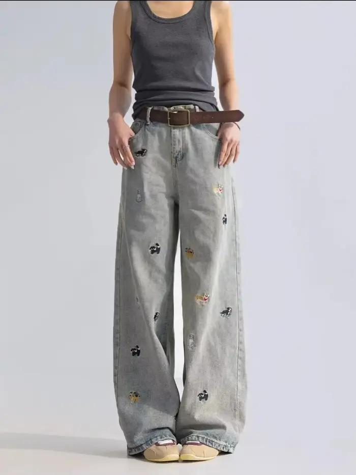 Jean femme jambe haute large évasé longueur de traînée chiot patte broderie Denim pantalon coupe ample