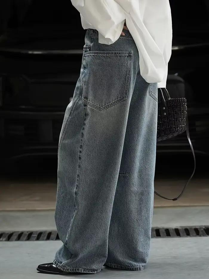 [EAM] taille haute bleu Denim irrégulier épissé décontracté jambe large jean nouvelles femmes pantalons mode marée printemps automne 2026 1DJ4377