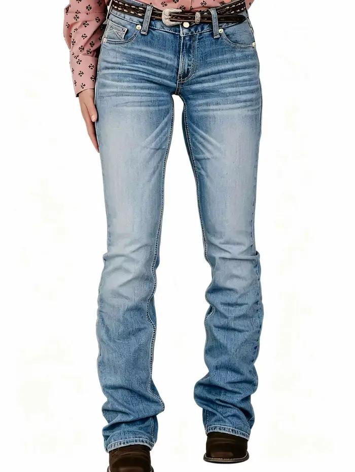 Jean bootcut bleu clair à haute élasticité avec poches brodées au dos