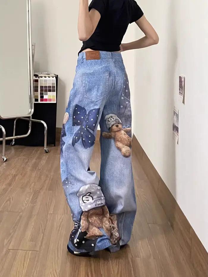 Jean large bleu Y2K pour femme motif ours imprimé graffiti style vintage Harajuku baggy grunge pantalon en denim vêtements alternatifs