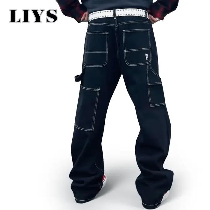 Jean de travail rétro noir Liys pour homme – Pantalon décontracté coupe droite classique en denim – Marque coréenne