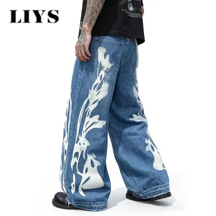 Jeans imprimés flamme style américain pour hommes LIYS – Coupe ample rétro