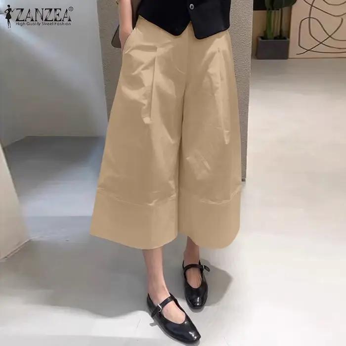 ZANZEA femmes décontracté mollet longueur pantalon élastique dos taille couleur unie jambe large recadrée