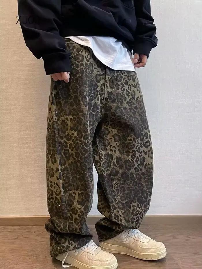 Nouveau 2025 léopard jean hommes surdimensionné jambe large Denim pantalon homme Streetwear Hip Hop Vintage ample