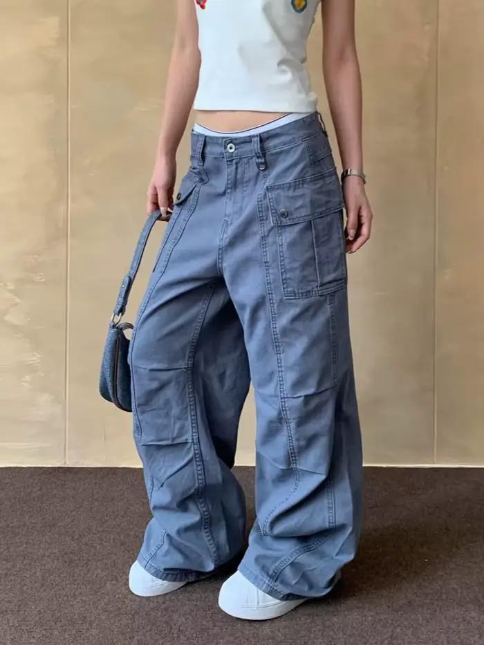 2025 Cyber Y2K mode bleu Baggy plissé Cargo jean pantalon pour femmes vêtements droit coréen décontracté pantalons longs Ropa Mujer