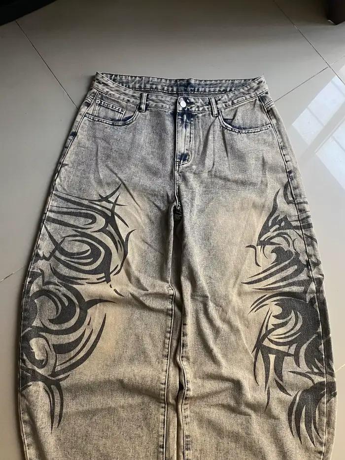 Jean ample gris imprimé style rétro américain Y2K