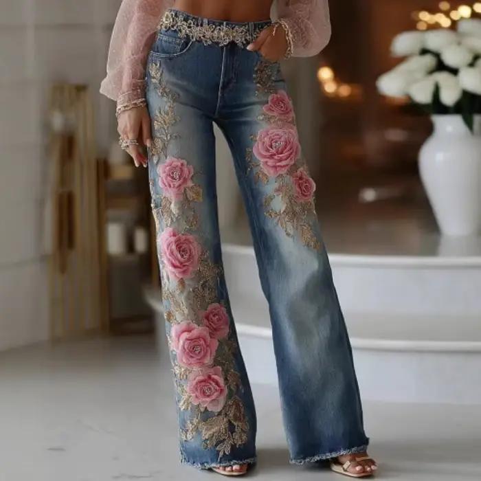 Pantalon évasé imitation denim brodé fleurs pour femmes style rétro basiques occasions formelles automne hiver