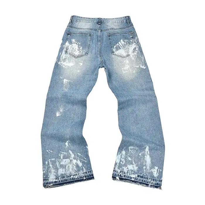 Jean Baggy noir délavé peint à l'encre de rue pour hommes pantalon en Denim droit Vintage ample décontracté