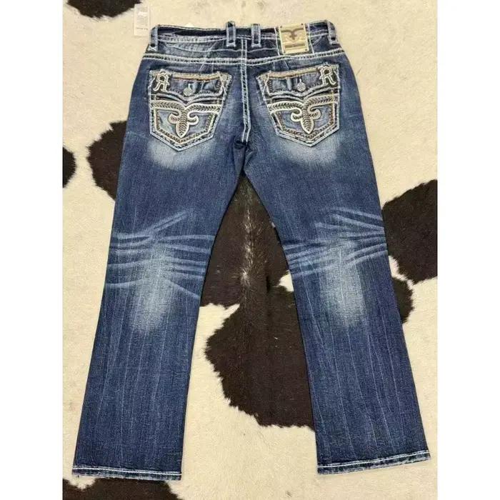 Jean évasé brodé bleu BiggOrange pour hommes et femmes style rétro américain haute élasticité ajustement lâche pour les quatre saisons et les voyages