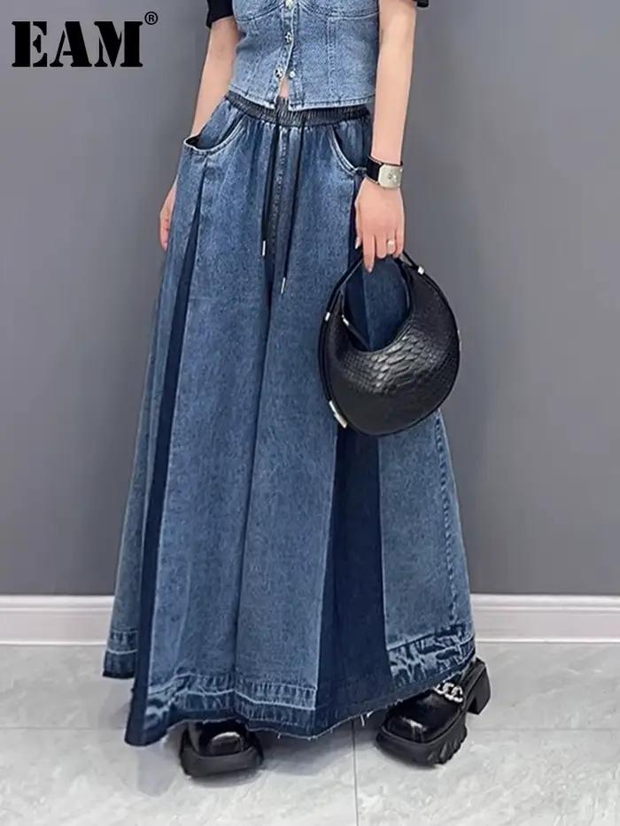 [EAM] taille haute bleu Denim plissé longue jambe large jean nouveau lâche femmes pantalon mode marée printemps automne 2026 1DH0520