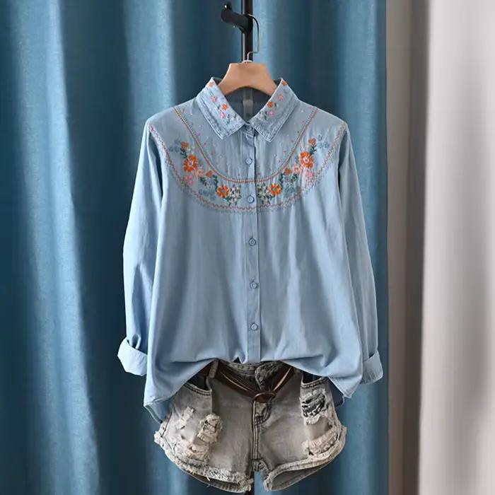 Harajuku y2k Denim chemises femmes printemps hauts mode coréenne à manches longues fleurs broderie