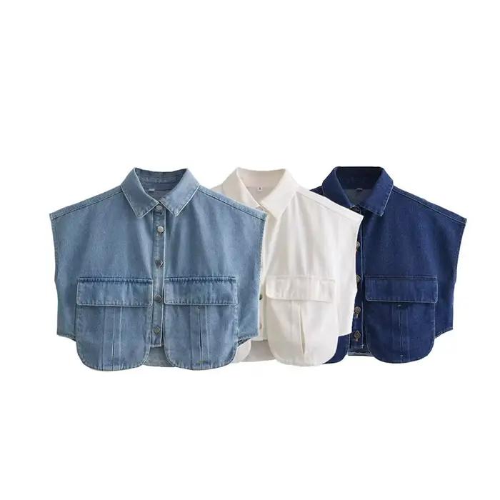 Chemisier court en denim décontracté avec col rabattu et poches pour femmes de style streetwear, polyvalent pour toutes les saisons