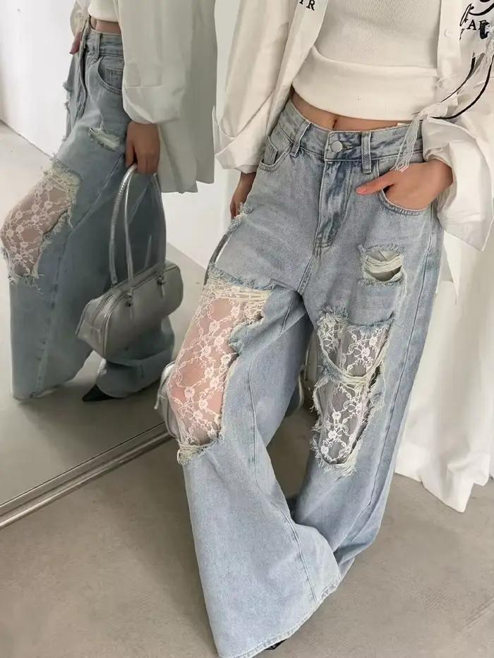 Jean décontracté style américain tendance avec découpes et dentelle pour femme mode y2k taille haute pantalon ample à jambes larges polyester bleu clair pour femmes toutes saisons confortable élégant à offrir pour événements spéciaux