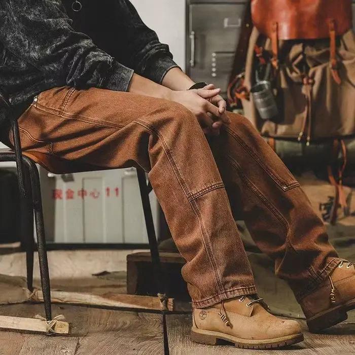 American Vintage Men's Jeans Make Old Loose Logging Cargo Pants Spring Autumn Splicing Design Straight Denim Trousers Male Retro