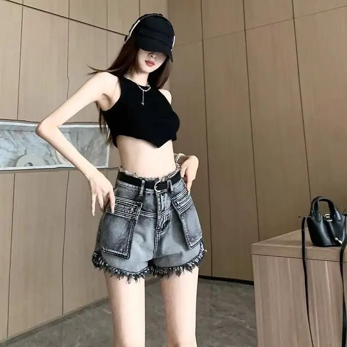 Pantalon court en Jean pour femme, taille haute, à franges, avec poches, Baggy, tendance, élégant, Y2k, Vintage, tenues chaudes, normales, 2025