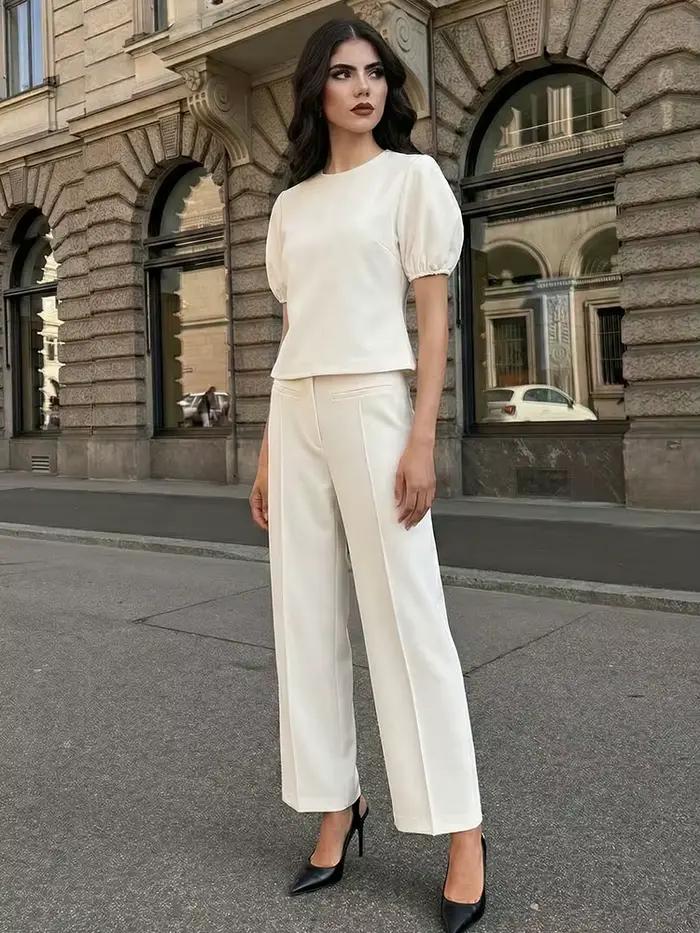 Ensemble pantalon et haut décontracté beige pour femme HH