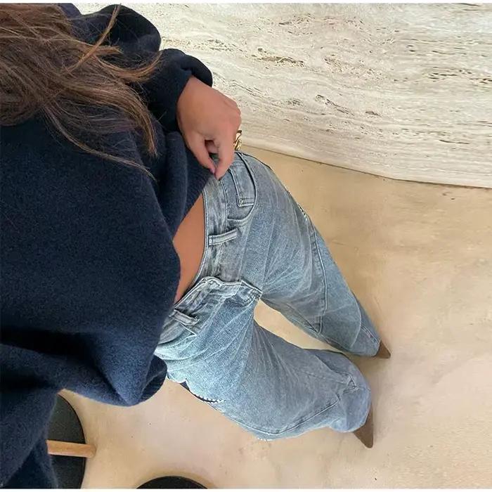 Rétro trous déchiré femmes jean pantalon Baggy taille basse en détresse Denim Hip Hop gothique Cool fille mode haute rue