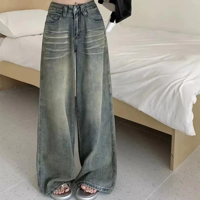 Y2K jean ample jambe droite femmes pantalon Baggy coupe large décontracté taille haute rétro lavé Style Vintage