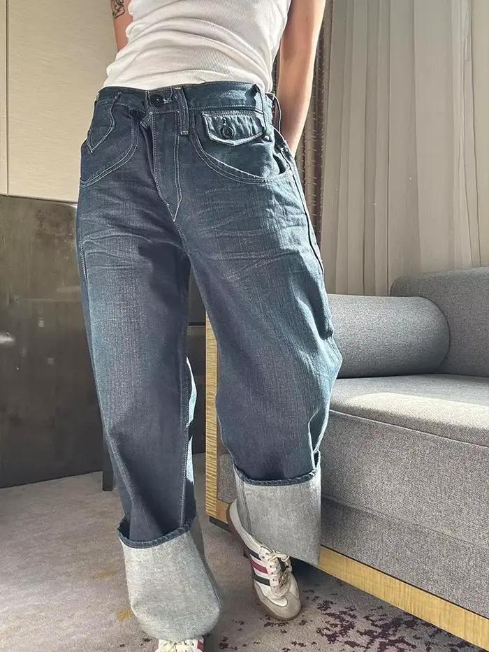 Pantalon en jean vintage à poches, délavé, à ourlet évasé, long jusqu'au sol