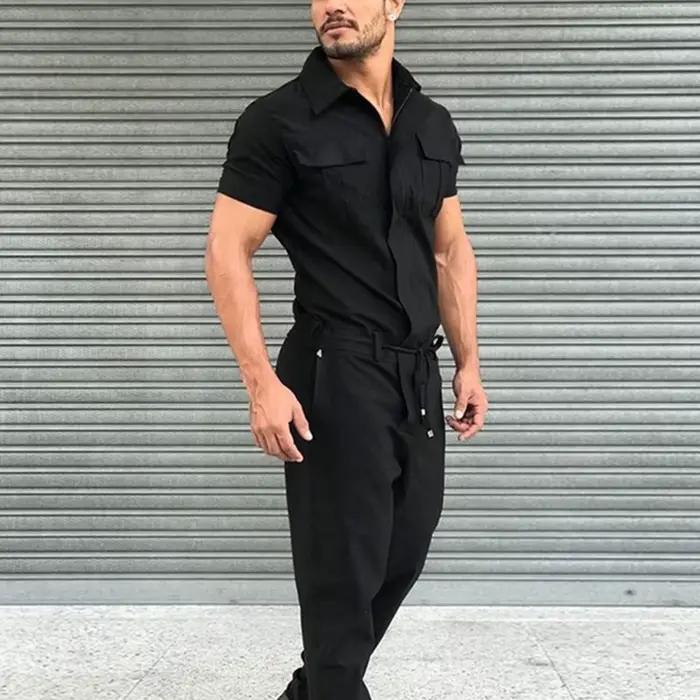 Salopette homme décontracté Streetwear poche couleur unie manches courtes + pantalon combinaison mode loisirs travail