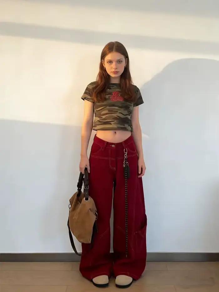 Jean Rue Vintage Y2K Harajuku Rouge Baggy Pantalon Taille Haute Pour Femmes Occasions Spéciales