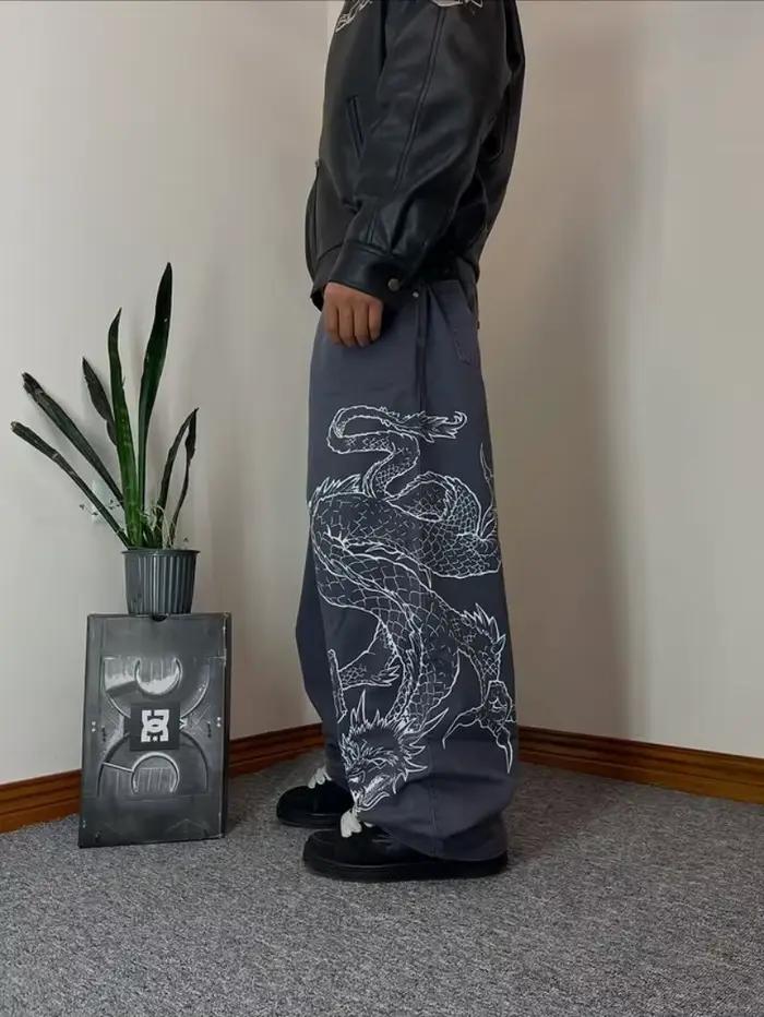 Y2K hommes Dragon imprimé coupe ample Baggy jean Denim haute rue urbain décontracté à la mode Hip Hop Streetwear usage quotidien Style
