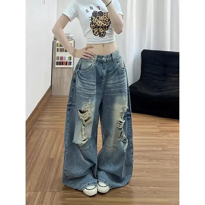 YIBASHU Jean déchiré bleu vintage pour femme