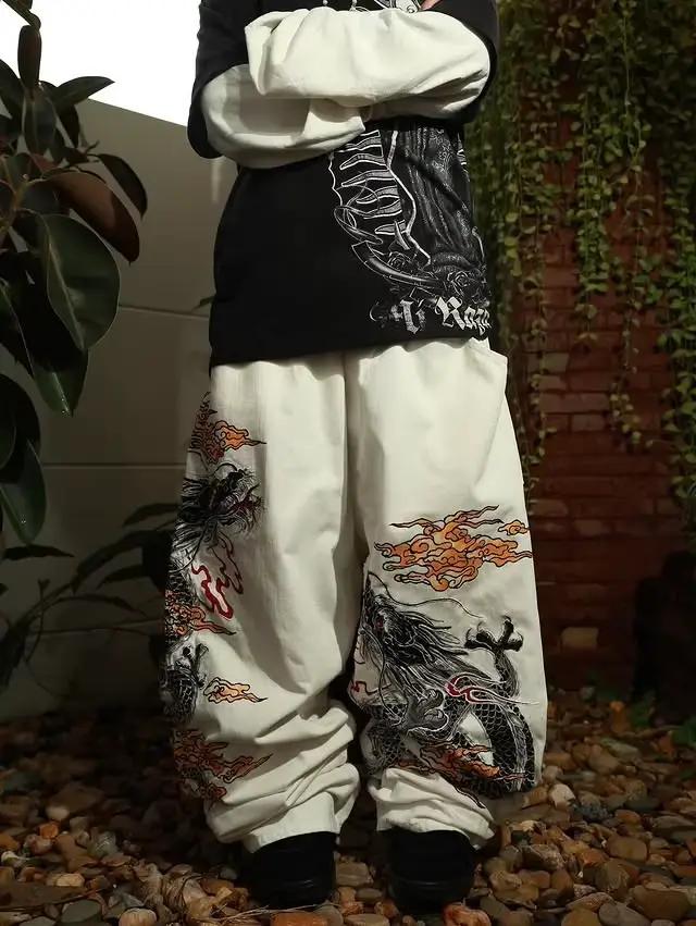 Nouveau jean blanc Y2K motif Dragon hommes américain haute rue rétro coréen pantalon droit Harajuku Hip-Hop Couple