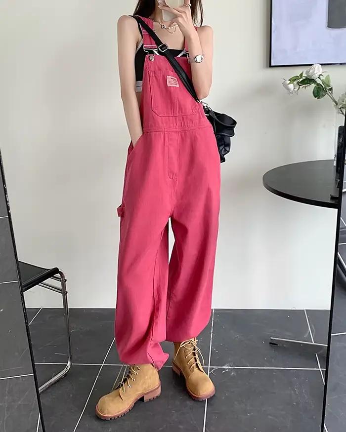 Combinaison Free Valley Style Preppy Femmes Pantalon à Jambes larges Rose Casual Denim Salopette Printemps Été
