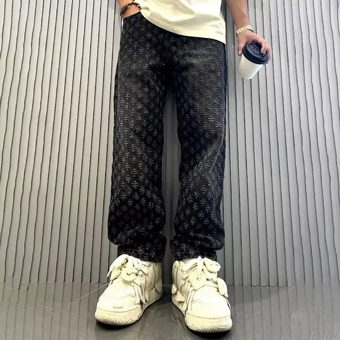 Pantalon en jean à motif jacquard pour homme, coupe droite, style baggy, effet usé, jean large pour homme, confort inégalé, style unique, durable, robuste, adapté à toutes les saisons, pour hommes seniors, HIGH STREET, printemps et automne, quotidien